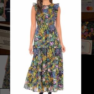 EUC Banjanan Iris dress black floral. Smocked with ruffle detail. Small